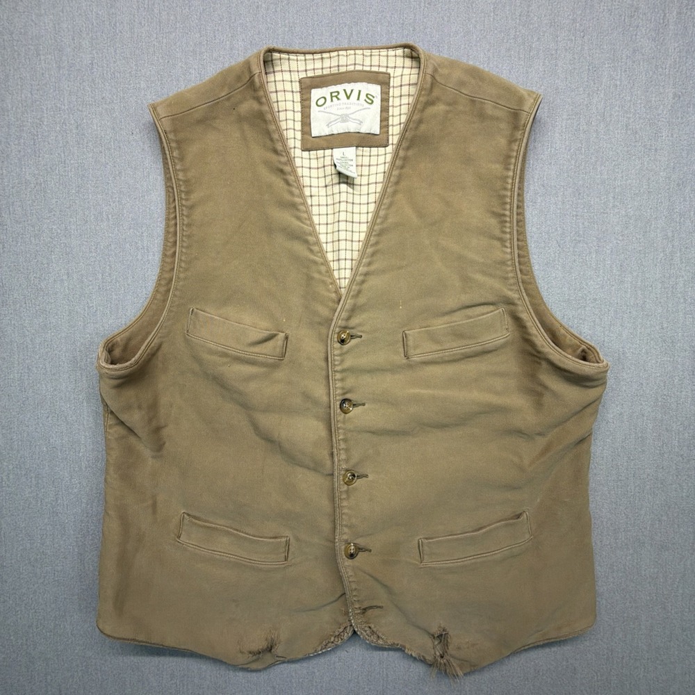 Vintage 90s Orvis Men's‎ L Mid-Length Button Front Beige Vest Distressed